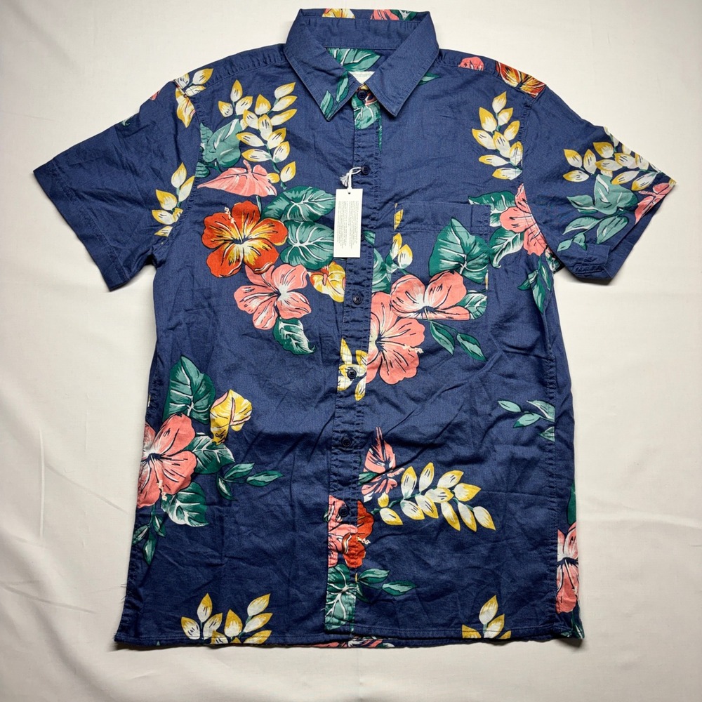 American Eagle Mens Small Blue Tropical Floral Hibiscus Button Down Shirt NWT